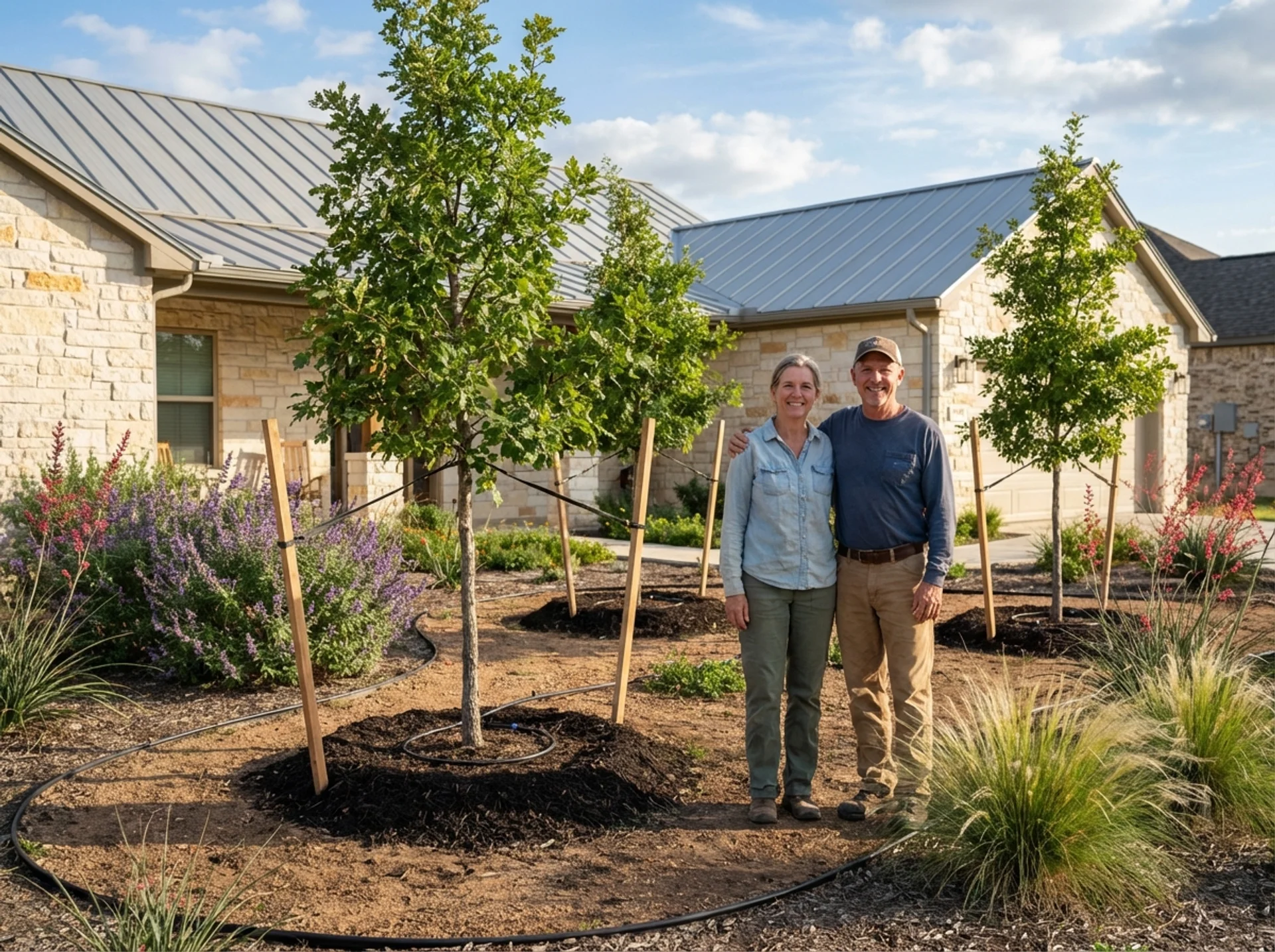 Happy customers with their newly planted trees in Texas Hill Country